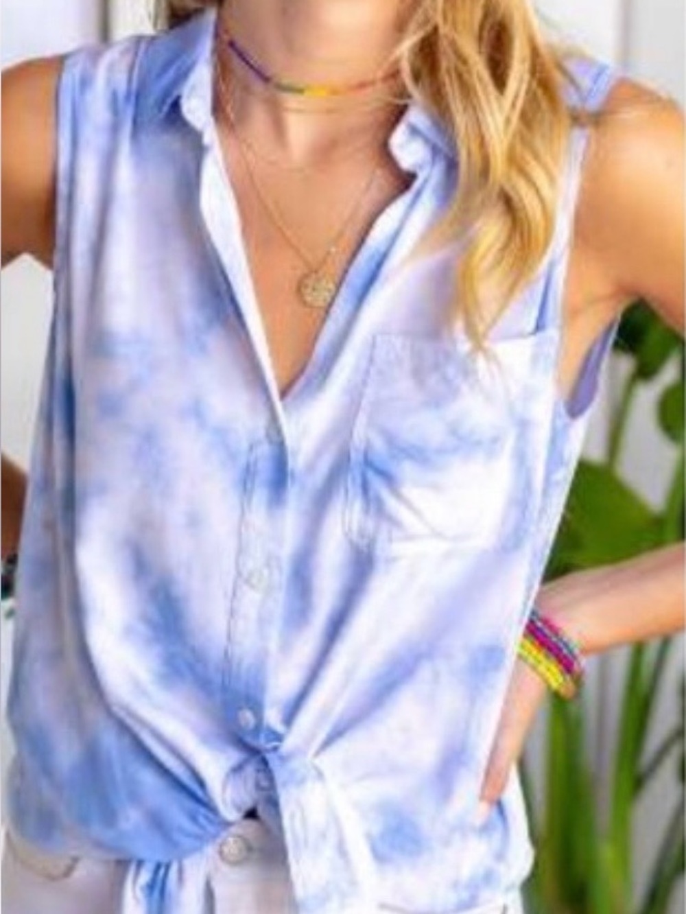 beachlunchlounge Pink Tie-Dye Sleeveless Button-Down with Front Knot